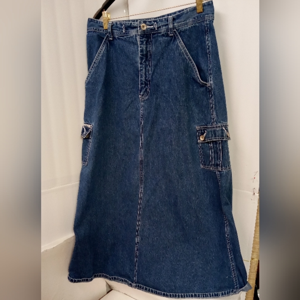 Vintage R.T.V. Serve Piping Hot Cargo Skirt Blue Denim Size 11/12 Dark Wash